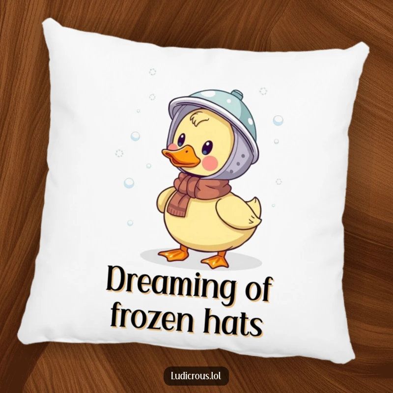 Funny pillow featuring a comical duck wearing a colander helmet, humorously catching falling snowflakes, perfect for adding whimsy to a sofa.