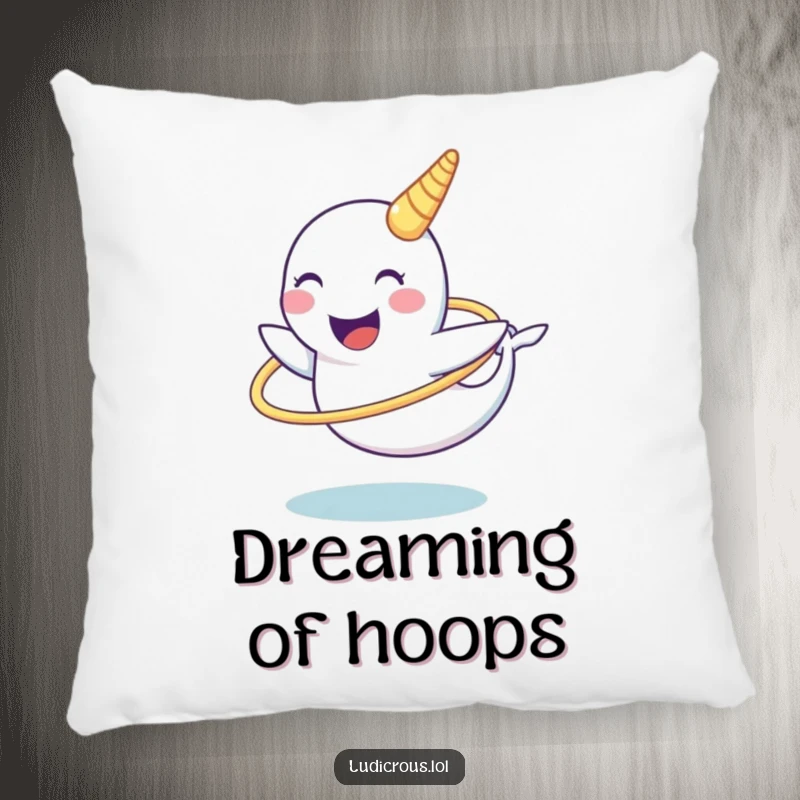 Funny narwhal pillow featuring a chuckling narwhal character trying to hula hoop using its tusk, offering funny comfort and decor.