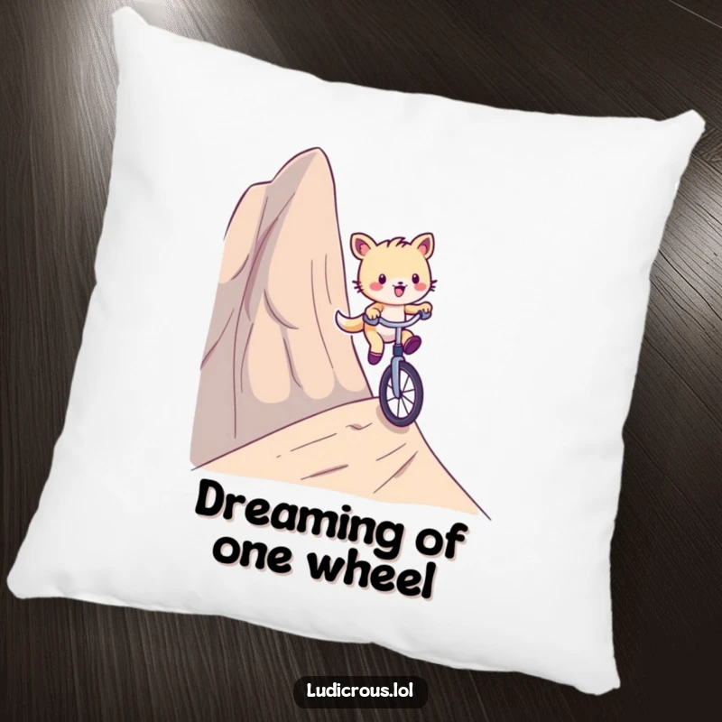 Funny pillow showing a playful critter comically riding a unicycle down a ridiculously steep hill, providing comfort and amusement.