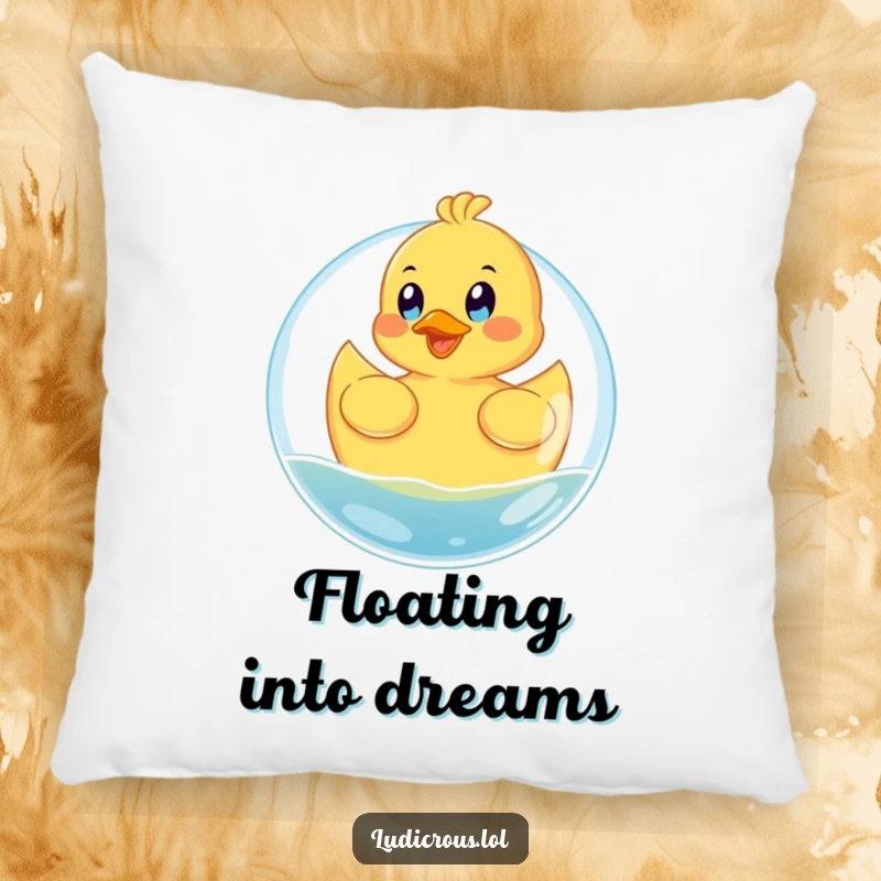 Funny pillow featuring a happy rubber ducky floating on a giant bubble with eyes wide with glee, offering whimsical comfort.