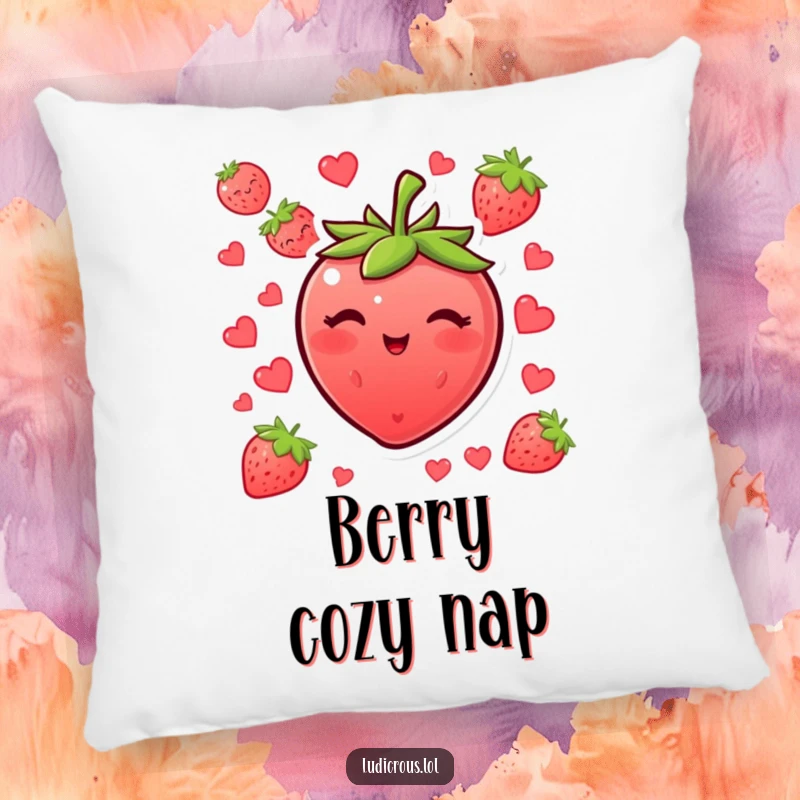 Funny blushing strawberry pillow winking with its seeds, a cute and humorous accent for home decor.