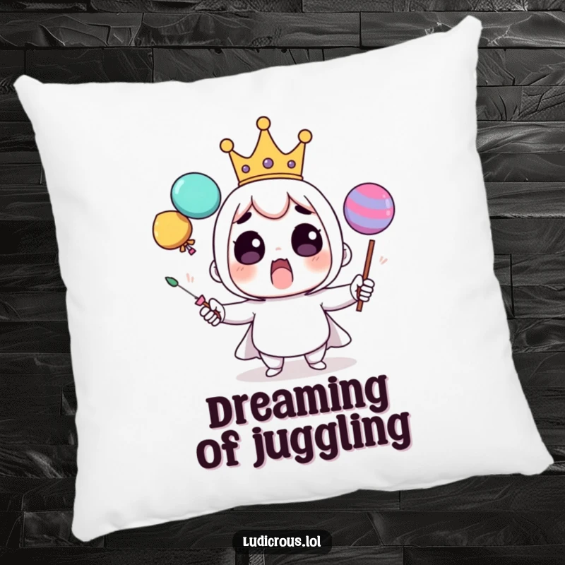 Funny pillow showing a surprised character with a tiny crown, comically attempting to juggle oversized, unsteady items.