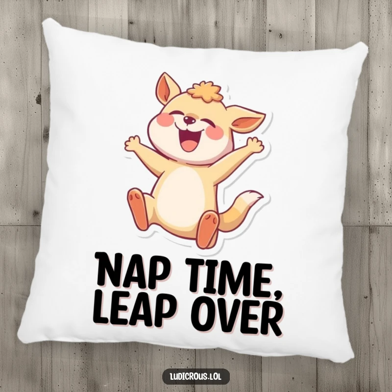 Funny pillow showing a joyful animal in a dramatically exaggerated mid-leap, providing comfort and amusement.