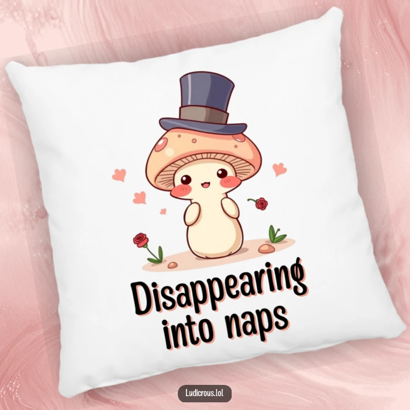 Funny pillow designed as a blushing mushroom in a top hat, attempting to disappear, offering comfort and humorous enchantment.