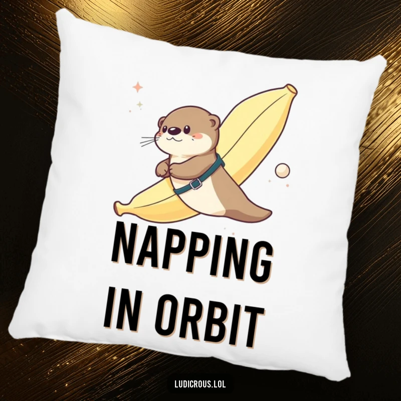 Funny decorative pillow featuring an otter strapped to a giant banana flying through space, a humorous and comfortable accent piece.