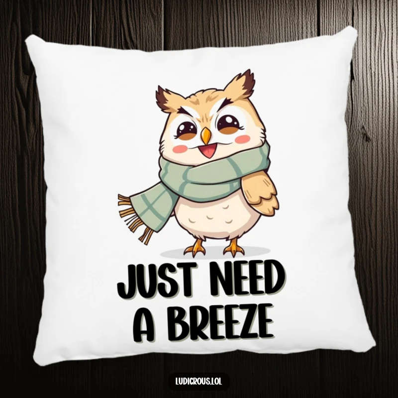 Funny pillow featuring a grinning owl with a giant scarf being blown by the wind, offering soft, humorous, and whimsical decor.