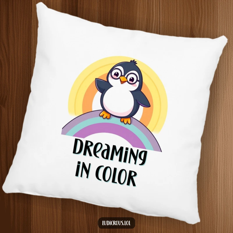 Funny Penguin Pillow, a happy penguin wearing a monocle, sliding down a rainbow, embodying distinguished comfort.