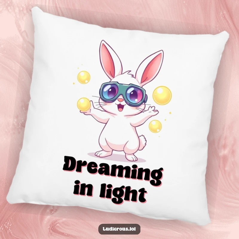 A soft pillow featuring a rabbit wearing goggles, energetically juggling luminous orbs for a touch of cosmic fun.