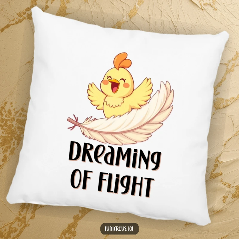 Funny rubber chicken gleefully soaring on a giant feather, depicted as a plush and decorative pillow for humorous comfort.