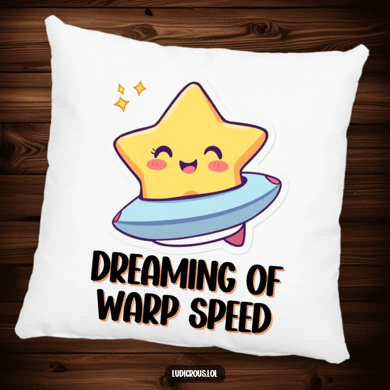 Funny pillow featuring a cheerful star winking and morphing into a tiny spaceship, offering comfort and cosmic amusement.