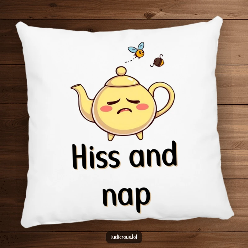 Funny nervous teapot pillow, comically whistling steam aggressively at a fly, bringing comfort and a touch of relatable stress.