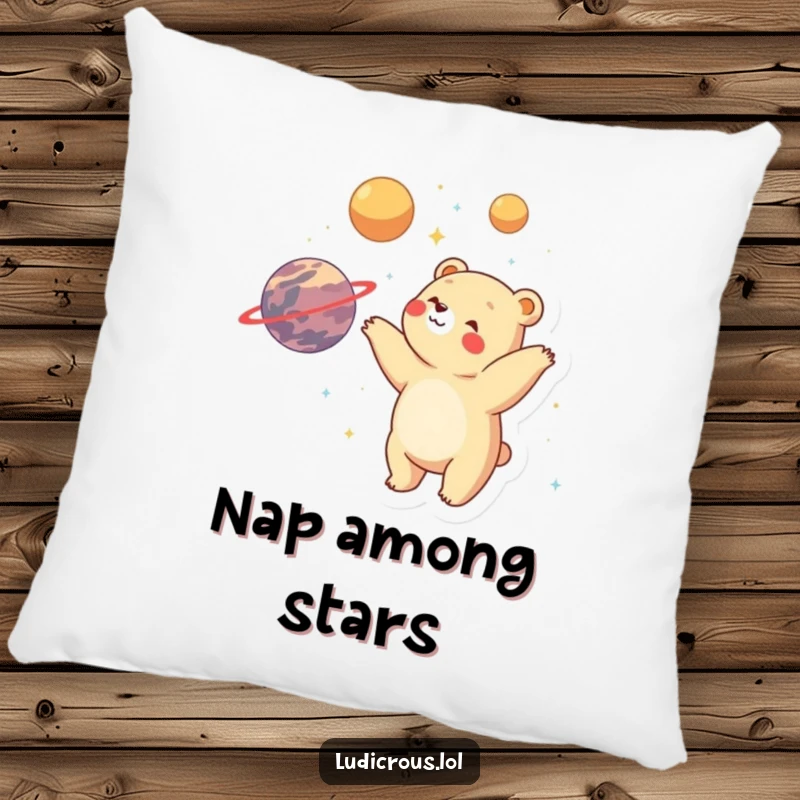 Funny bear juggles planets with visible delight and wonder, printed on a soft and comfortable pillow.