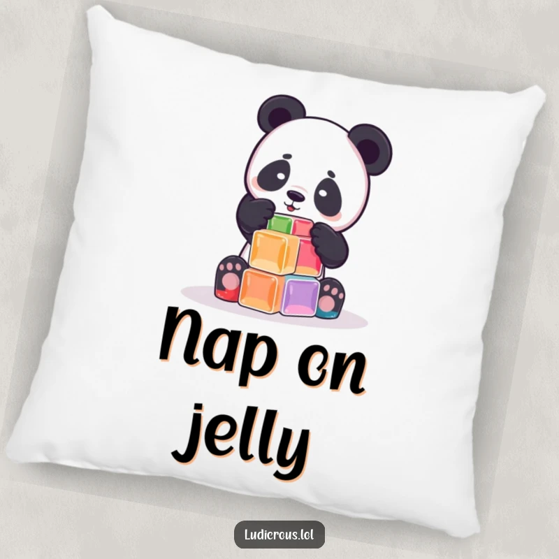 Funny playful panda attempts to build a tower out of wobbly Jell-O cubes, designed on a pillow for comfortable, humorous, and sweet decor.
