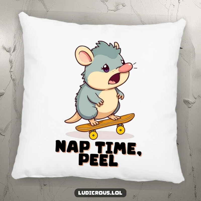 Funny platypus pillow featuring a surprised platypus character skateboarding on a banana peel, offering funny comfort and decor.