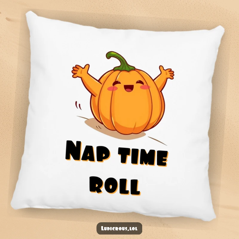 Funny plump pumpkin pillow, comically rolling downhill with arms windmilling wildly, bringing festive comfort and cheer.
