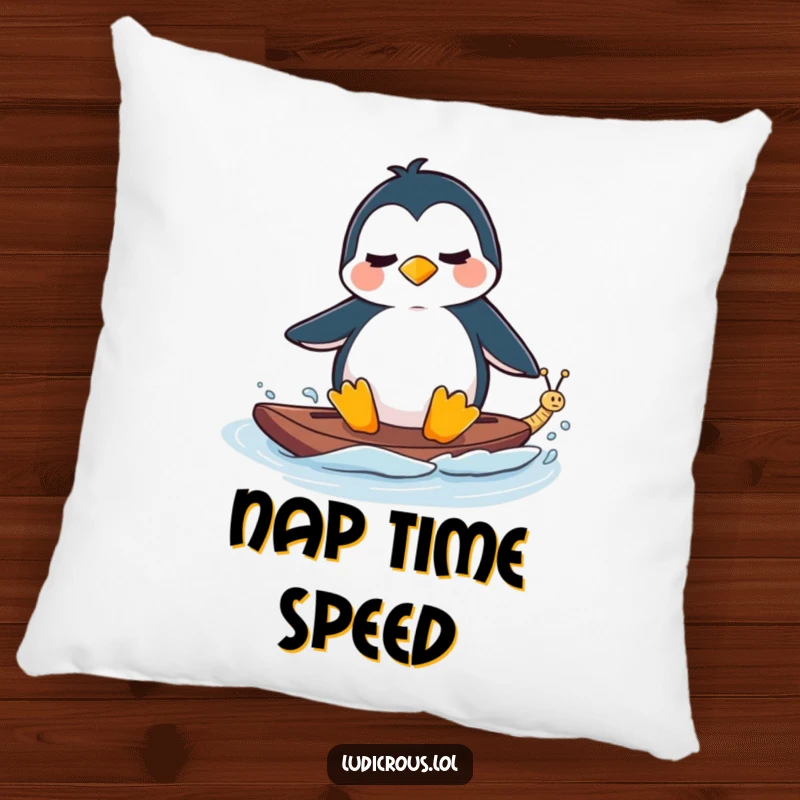 Funny Pillow with a perplexed penguin waterskiing behind a tiny, fast-moving snail, comfortable and arctic-themed.