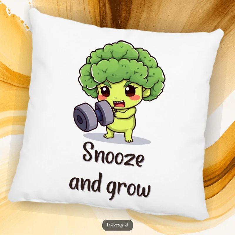 Funny broccoli floret pillow, determinedly trying to lift a dumbbell, bringing comfort and humorous fitness motivation.