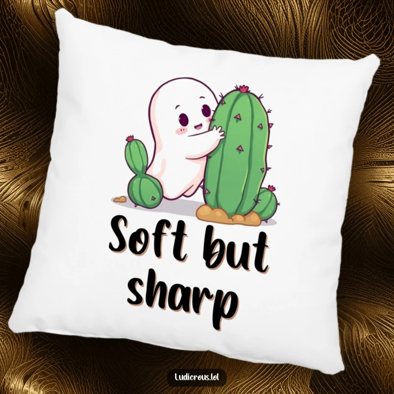 Funny ghost's comical attempt to hug a spiky cactus, a soft and humorous accent pillow for any room.