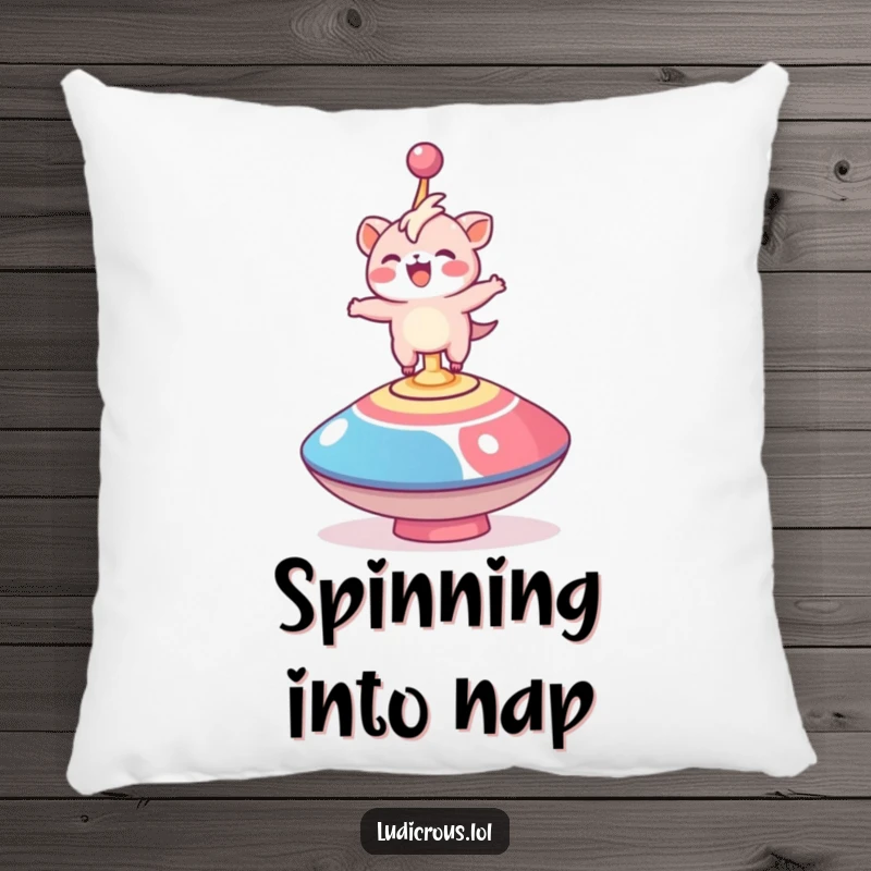 Funny pillow showing a delighted creature comically balancing on a large, spinning top, providing comfort and amusement.