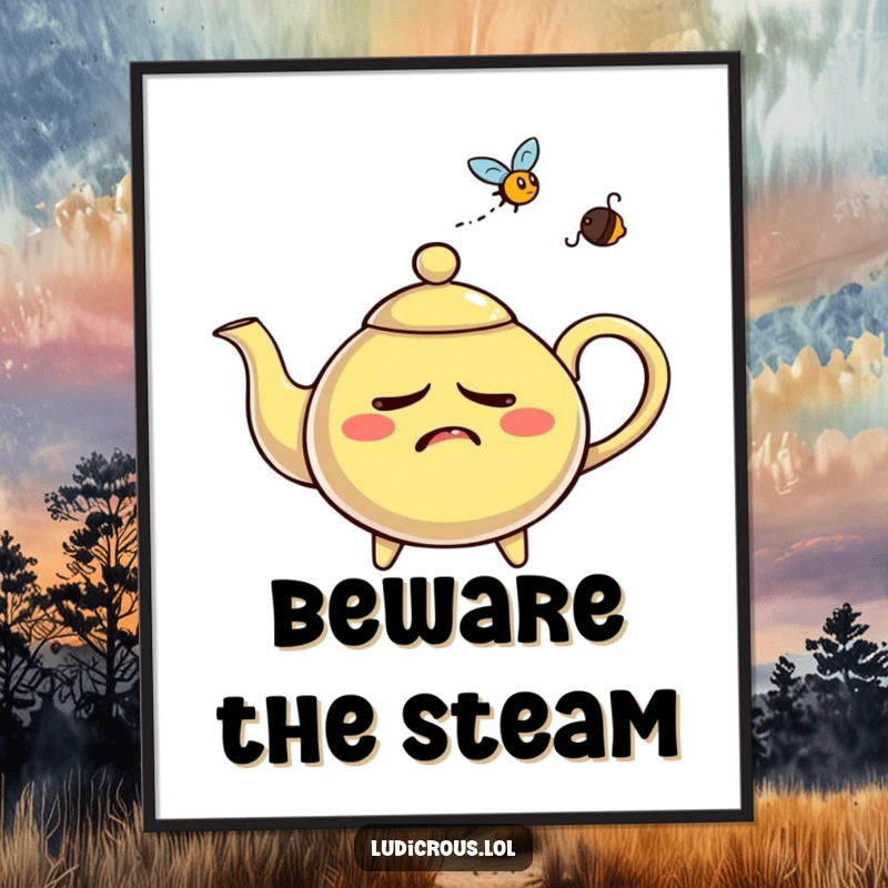 Funny nervous teapot digital art print, comically whistling steam aggressively at a fly, capturing a moment of high-strung, humorous tension.
