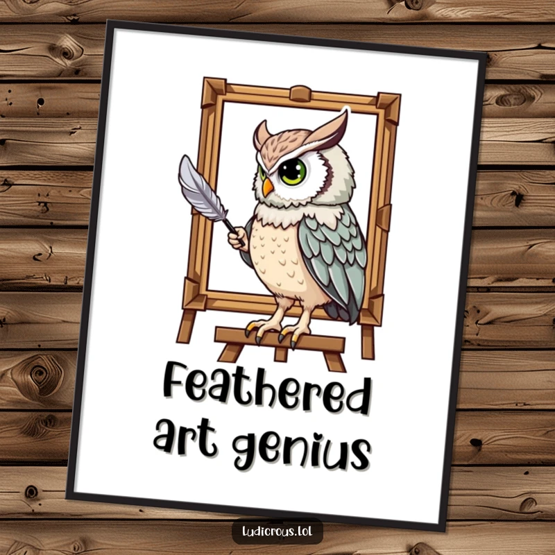 Funny digital art print of a majestic owl humorously painting a portrait using its tail feather, perfect for artistic decor.