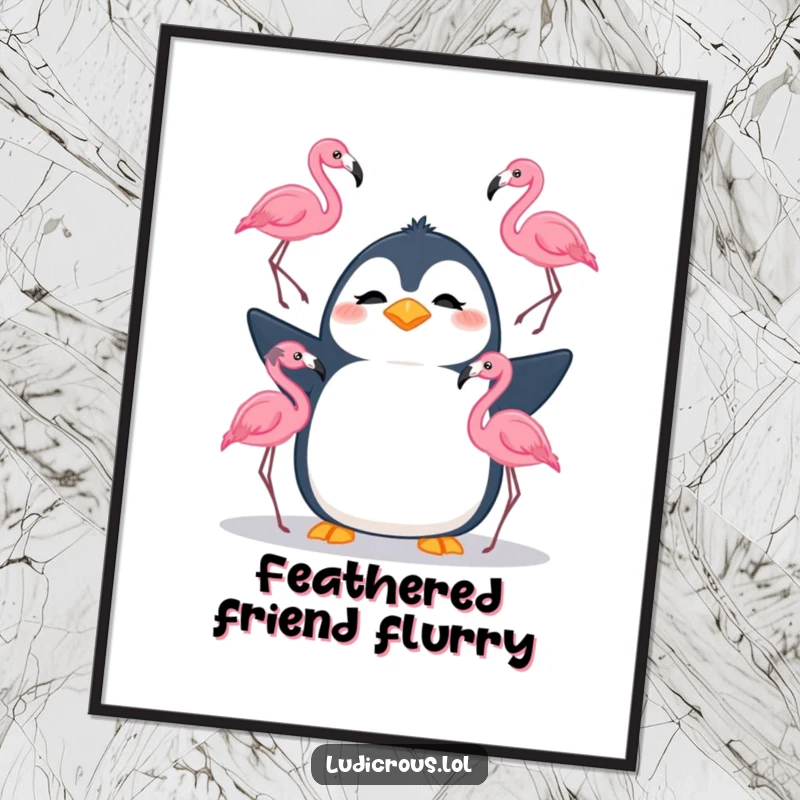 Funny digital art print of a silly penguin confusedly juggling three flamingos, perfect for humorous and absurd wall decor.