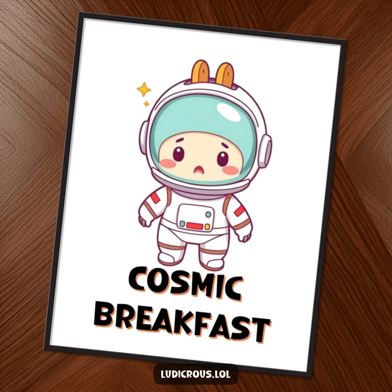 Funny digital art print of a wide-eyed astronaut in a spacesuit, with a shiny toaster inexplicably worn as a helmet, capturing pure surprise.