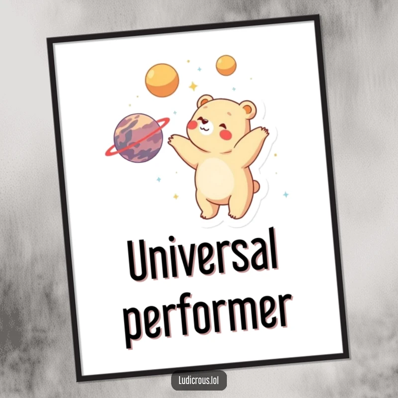 Funny bear juggling planets with visible delight and wonder, as a high-resolution digital art print.