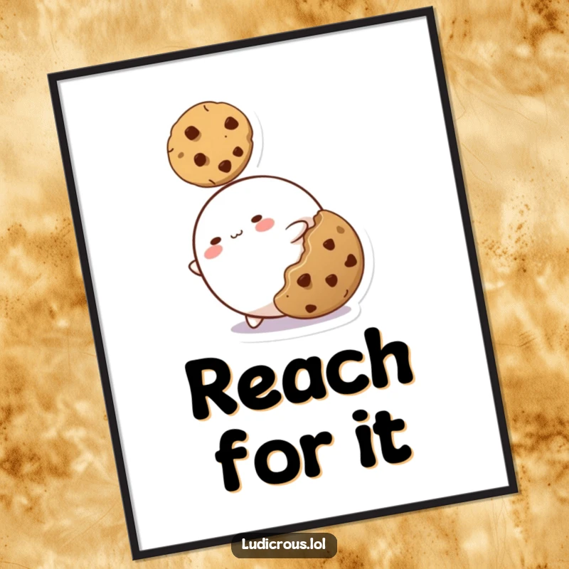 Funny digital art of a blob character stretching impossibly thin to reach a cookie, a humorous and relatable scene.