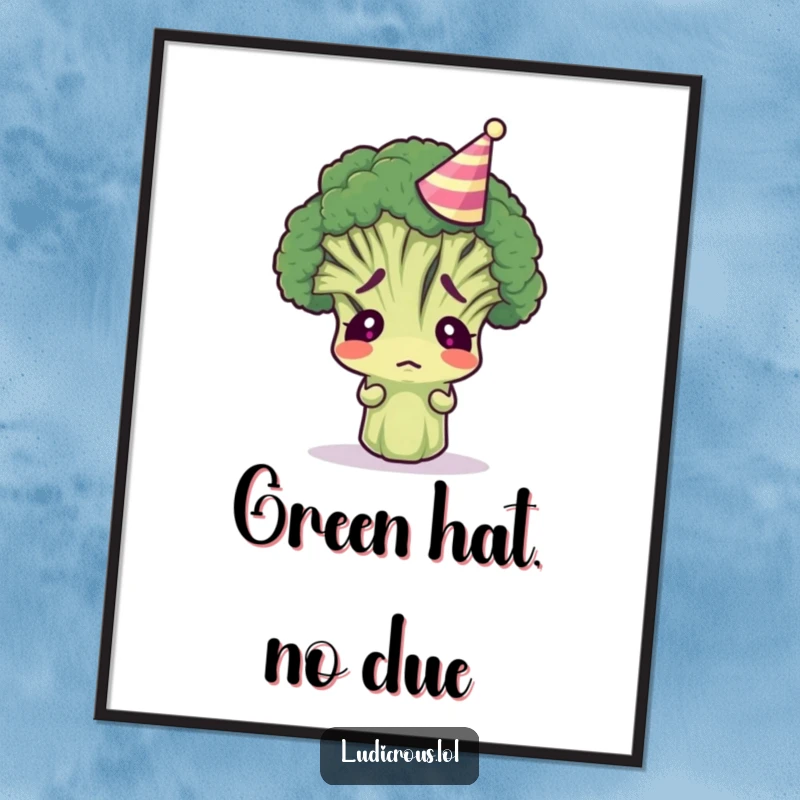 Funny broccoli floret wearing a tiny party hat, looking confused, high-resolution digital art print, ideal for humorous wall decor.