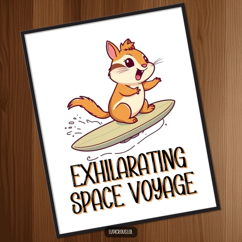 Funny digital art print of a chipmunk exhilaratedly surfing a comet through space like a surfboard, capturing a thrilling cosmic moment.