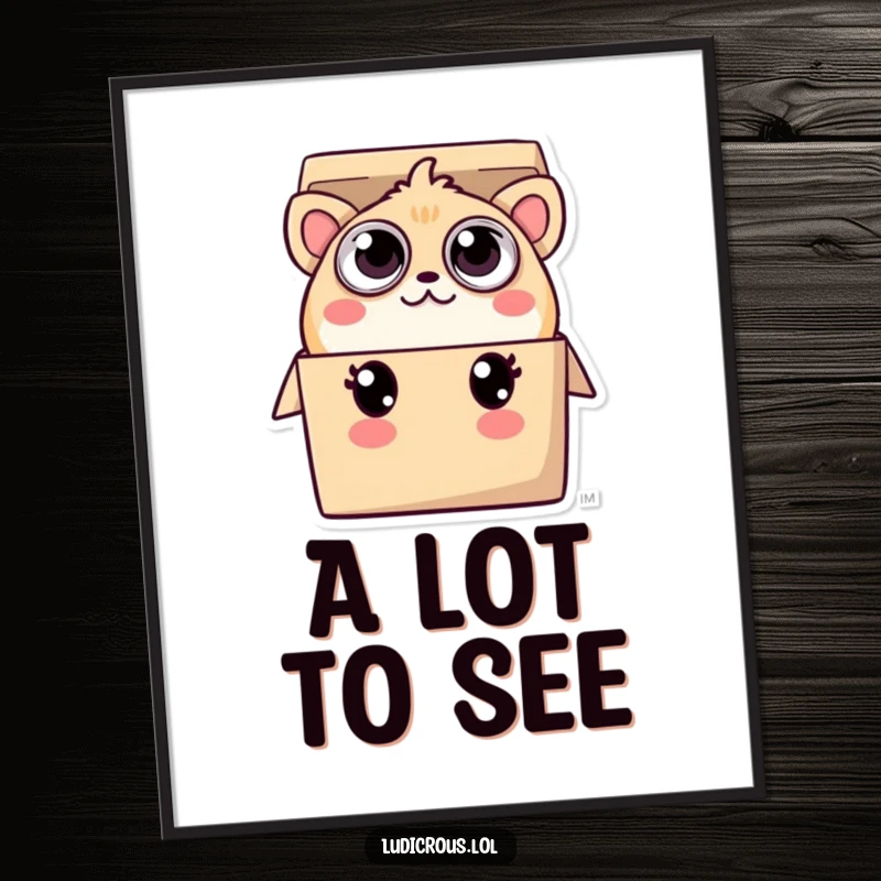 Funny digital art print of a creature with numerous eyes, playfully peeking from a small box, capturing a sense of whimsical curiosity and charm.