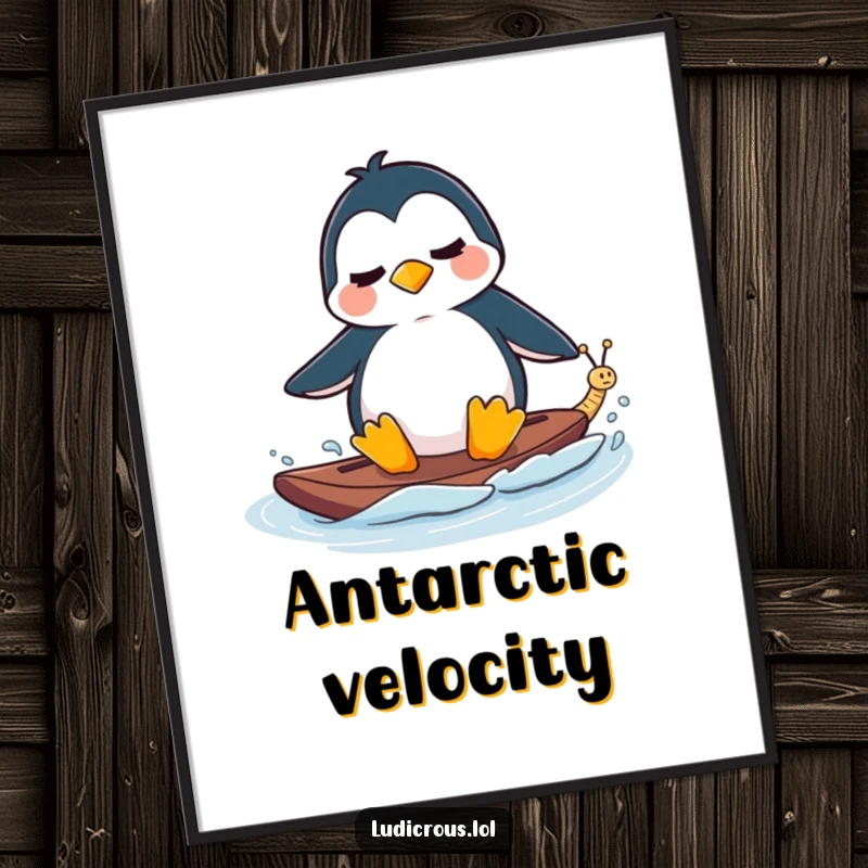 Funny Digital Art Print of a perplexed penguin waterskiing behind a tiny, fast-moving snail, instant arctic decor.