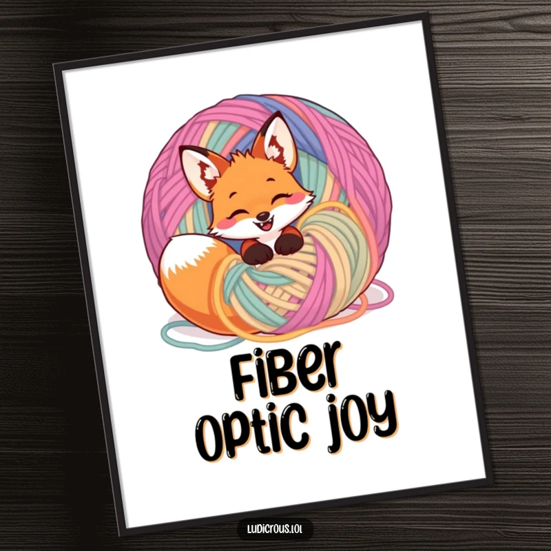 Funny giggling fox tangled in a giant ball of colorful yarn, presented as a digital art print for instant whimsical decor.