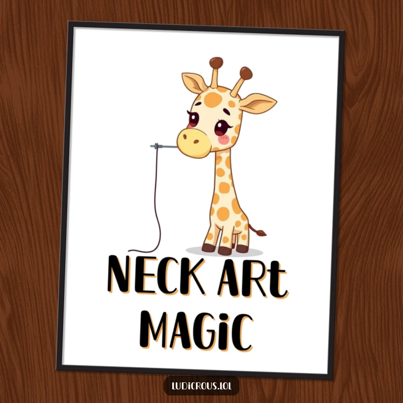 Funny giraffe digital art print of a wobbly giraffe character attempting to thread a needle with its long neck, perfect for funny digital decor.