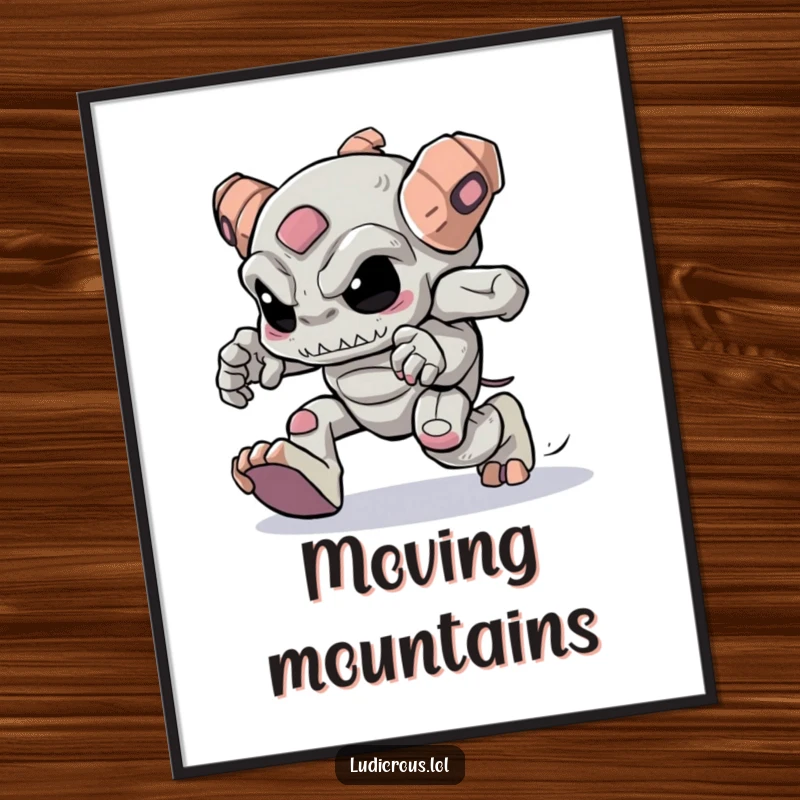 Funny determined golem attempting to skip with large, heavy feet, humorous digital art.