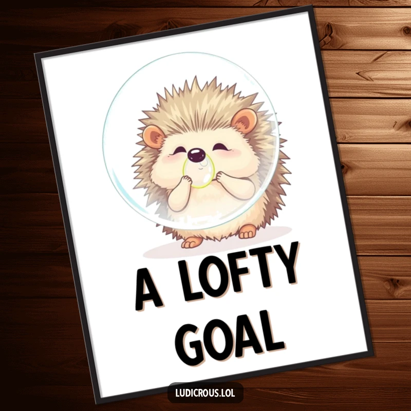Funny hedgehog digital art print of a fluffy animal comically attempting to blow a bubble larger than itself, creating a humorous and whimsical visual.