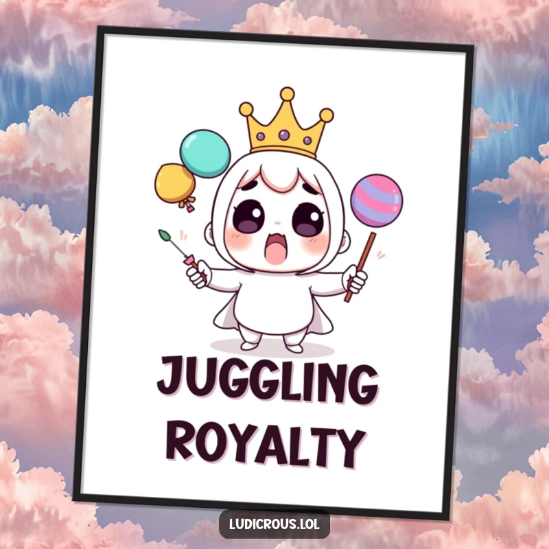 Funny digital art print of a surprised character wearing a tiny crown, comically juggling oversized, wobbly objects, for whimsical decor.
