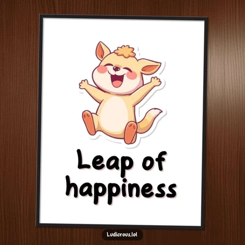 Funny digital art print of a joyful animal in a comically exaggerated mid-leap, for energetic decor.