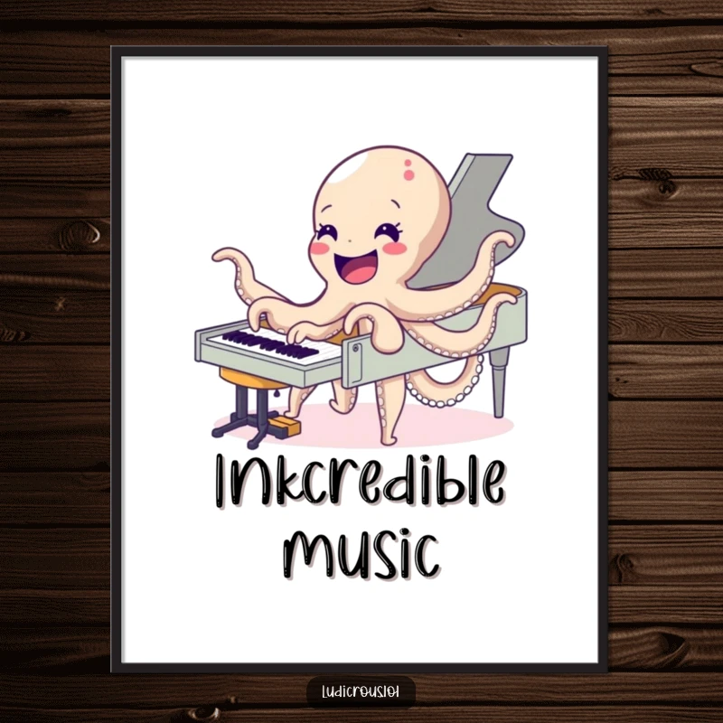 Funny digital art print of a delighted octopus playing a piano with all its arms, ready for instant musical and humorous display.