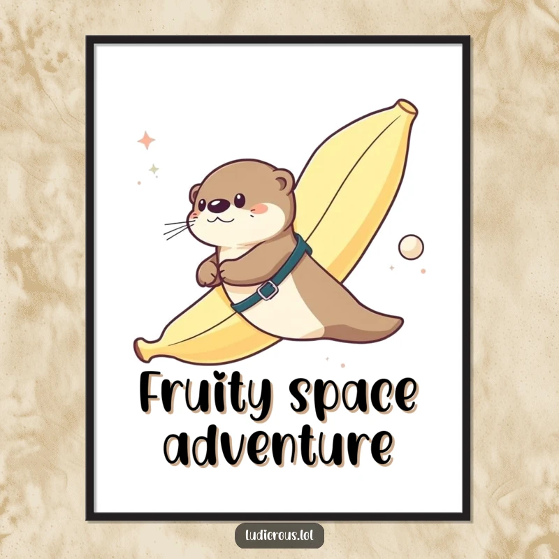 Funny digital art print of an otter humorously strapped to a giant banana flying through outer space, capturing a surreal and amusing moment.
