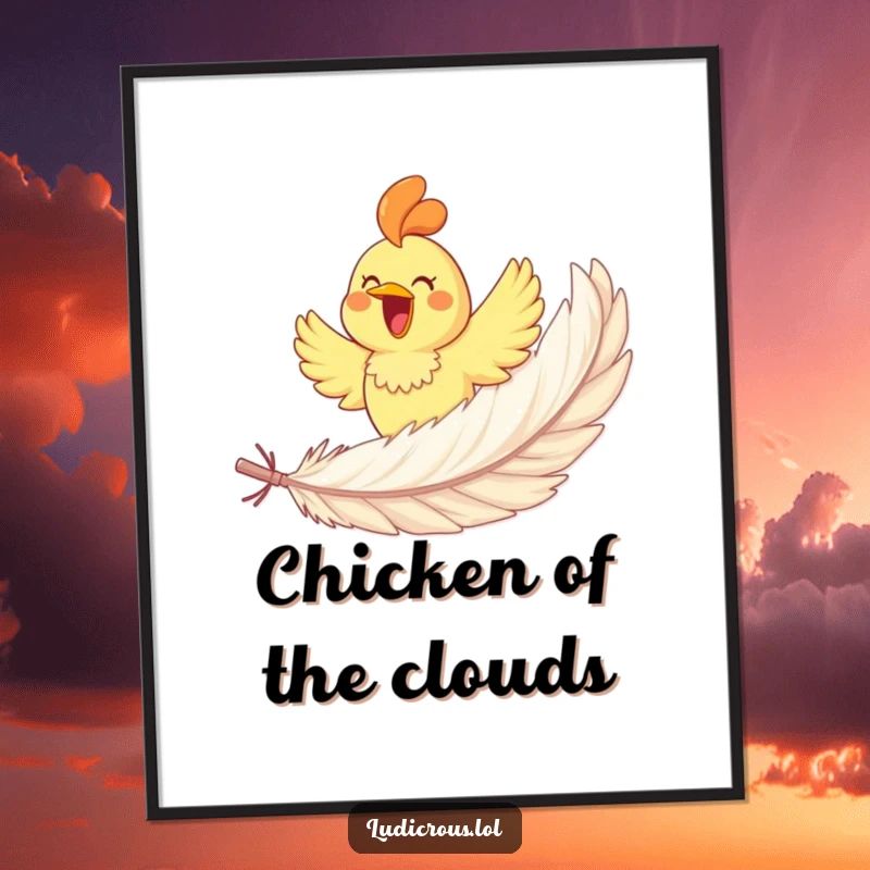 Funny rubber chicken gleefully soaring on a giant feather, high-resolution digital art print, ideal for humorous wall decor.