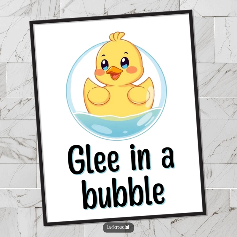 Funny digital art print of a happy rubber ducky floating on a giant bubble with eyes wide with glee, adding whimsical cheer.
