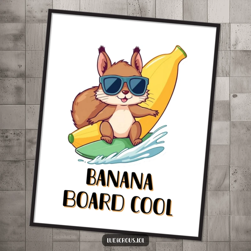 Funny squirrel wearing sunglasses surfs a giant banana, presented as a digital art print for instant humorous wall decor.