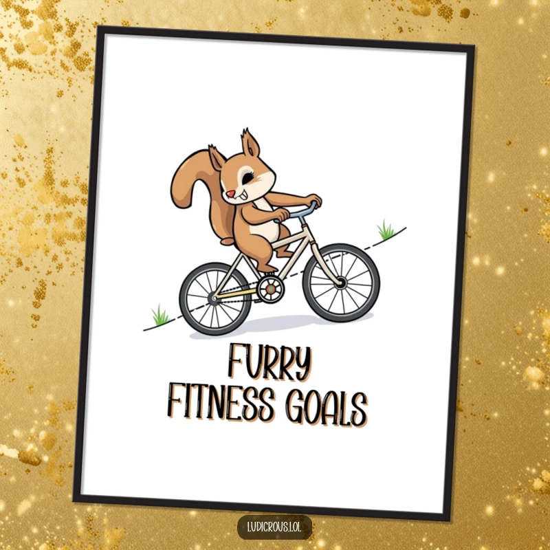 Funny squirrel furiously pedaling a miniature bicycle uphill, high-resolution digital art print, ideal for motivational and humorous wall decor.