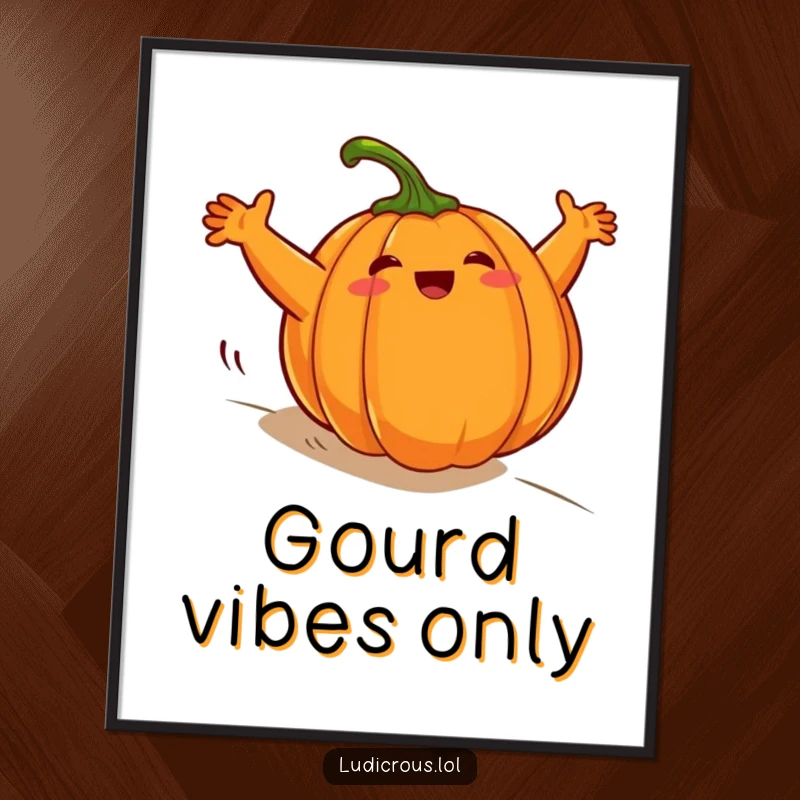 Funny plump pumpkin digital art print, comically rolling downhill with arms windmilling wildly, capturing the chaotic joy of fall.