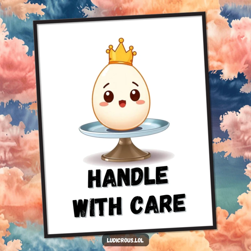 Funny digital art print of a surprised egg with a tiny crown wobbling precariously on a spinning plate, adding regal fun.