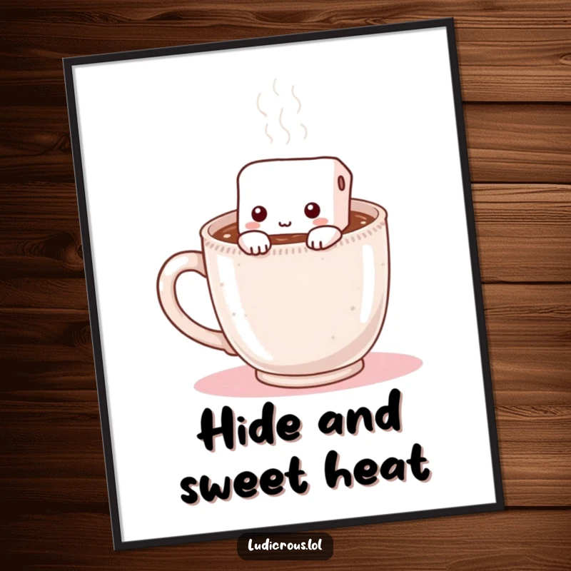 Funny digital art print of a shy marshmallow hiding inside a steaming mug of hot chocolate, ready for instant download and display.