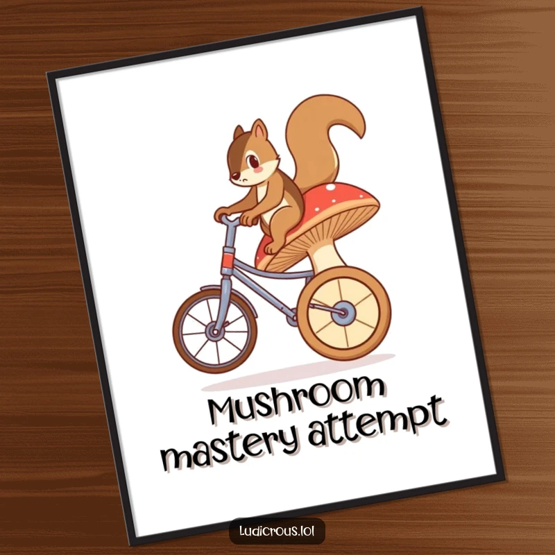 Funny digital art of a bewildered squirrel precariously riding a giant, unstable mushroom like a unicycle, full of comical charm.