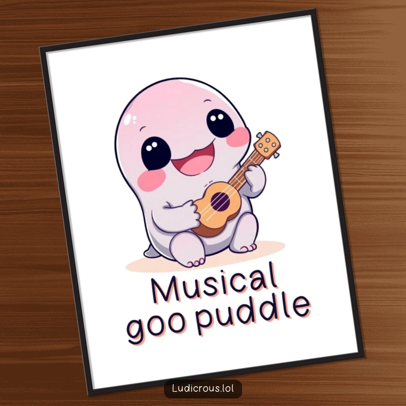 Funny, joyful slime creature playing a tiny ukulele poorly, a high-resolution digital art print for humorous decor.